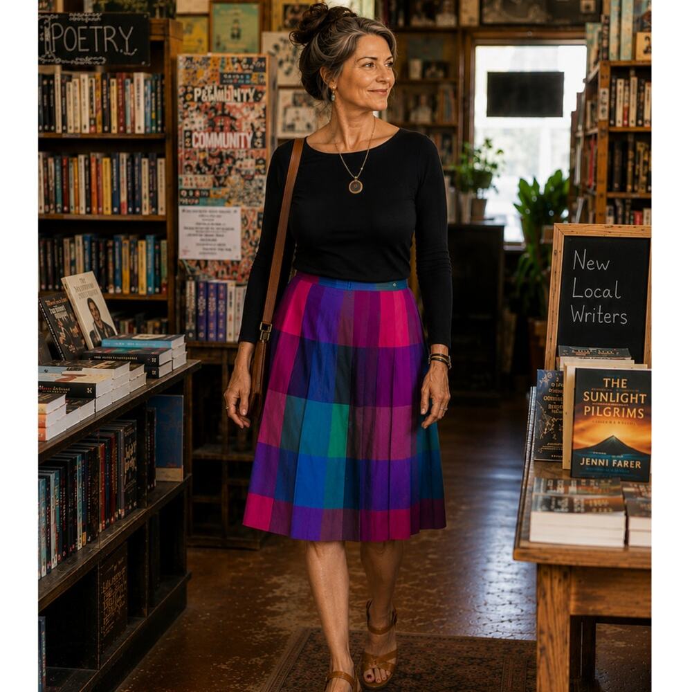 Vintage USA Union Made Pleated Skirt Womens M Jewel Tone Colorblock Boho Midi